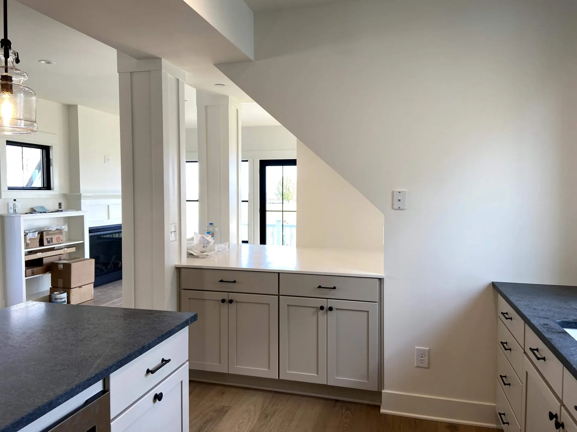 kitchen area with a slanted roof