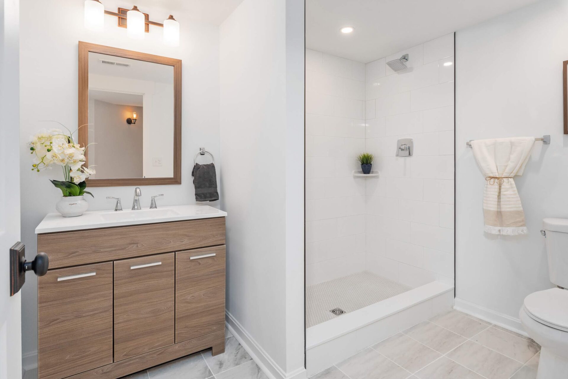 bathroom sink and shower area