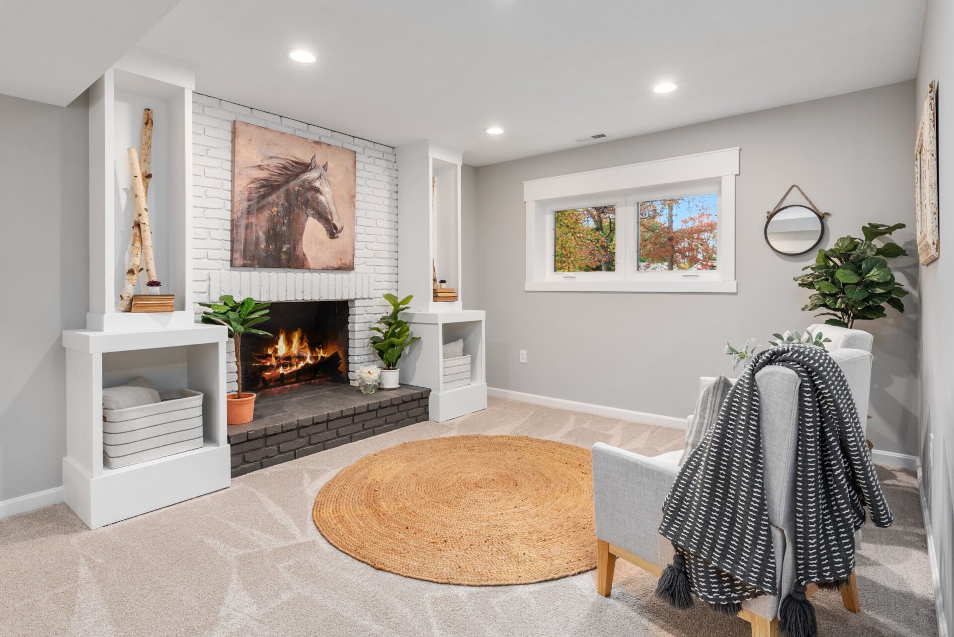 fireplace and living room area